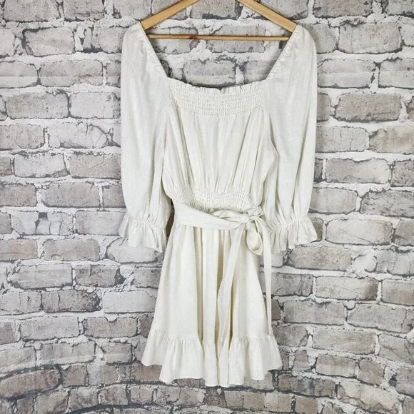 Ever New Puff Sleeve Ruffle Mini Dress Smocked Neckline Porcelain Ivory Size 6 - Picture 6 of 15